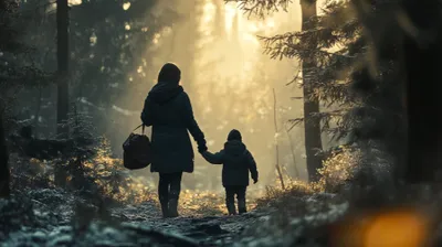 a woman and child walking through a forest