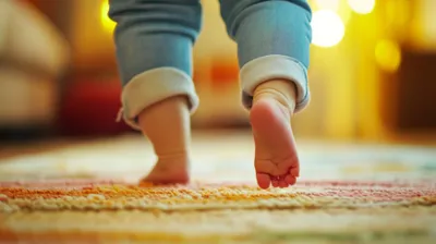 a close up of a child's feet on a rug