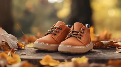 a pair of brown shoes sitting on top of a leaf covered ground