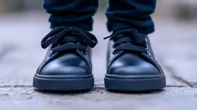 a close up of a person wearing black sneakers