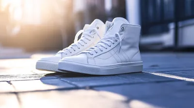 a pair of white sneakers sitting on top of a sidewalk