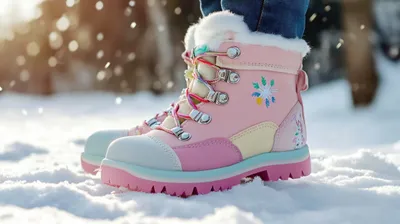 a close up of a child's boot in the snow