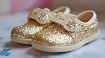 a close up of a pair of gold shoes