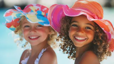 two young girls wearing colorful hats near a pool