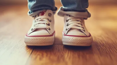 a close up of a person's shoes on a wooden floor