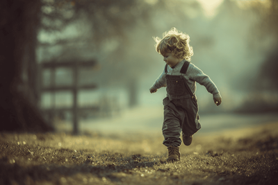 A toddler with dyspraxia running through a park.