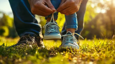 a person tying a pair of sneakers in the grass