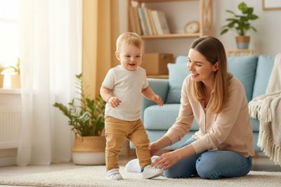 Mother helping toddler put on first shoes in a cozy living room.