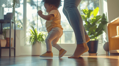 A woman and a child playing in a living room.