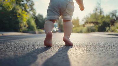 A small child walking barefoot across a street next to a forest.