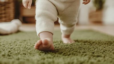 A baby is walking on a green rug.