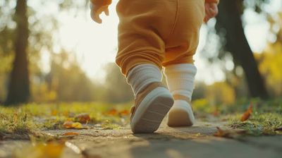 A small child walking down a path in the woods