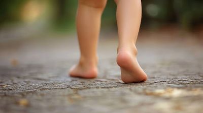 A close up of a child's legs and feet.