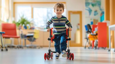 A young boy riding a walker in a room.