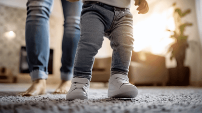 A close up of two people walking on a carpet.