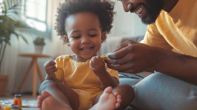 A man sitting next to a little girl on the floor