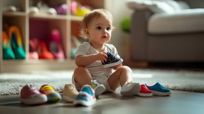 A baby sitting on the floor playing with shoes.