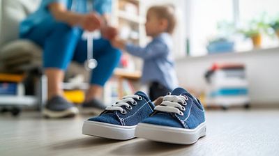 A child's blue tennis shoes sitting on the floor