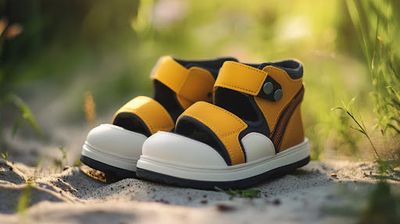 A pair of yellow and black shoes sitting in the grass