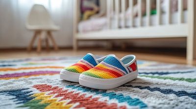 a pair of shoes on a colorful rug in a child's room