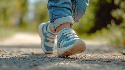 a close up of a person's feet walking down a road.