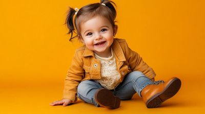 a little girl sitting on the ground smiling