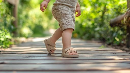a small child walking down a wooden walkway