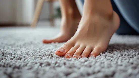 a close up of a person's bare feet on a carpet