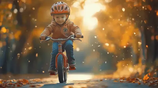 a little boy riding a bike down a road