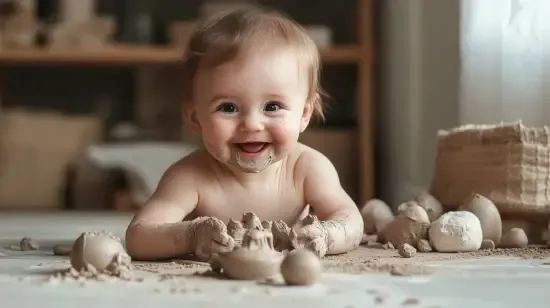a smiling baby laying on the floor surrounded by mushrooms