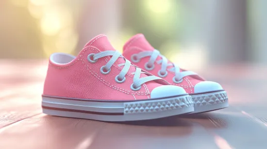 a pair of pink shoes sitting on top of a wooden table