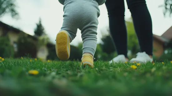 two people walking in the grass with yellow shoes