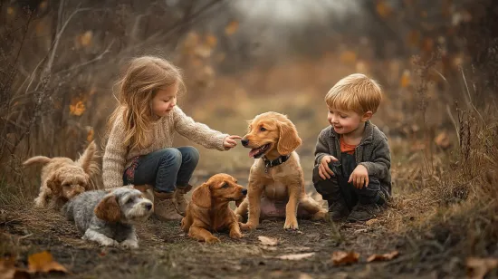 two young children playing with their dogs in the woods