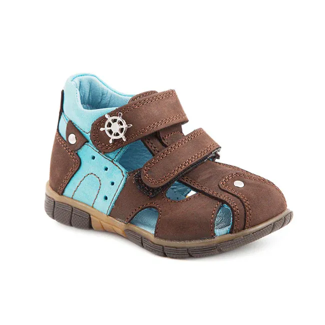 a little boy's brown and blue sandals