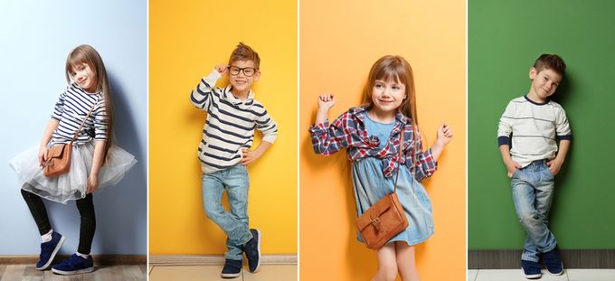 A series of photos of a young boy and girl. 