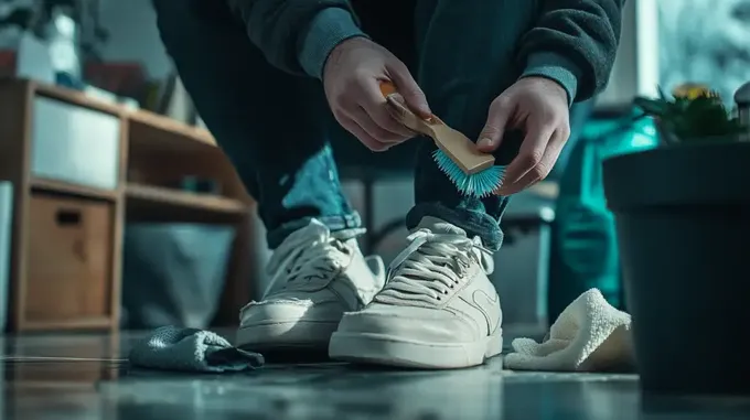 a man is cleaning his shoes with a brush