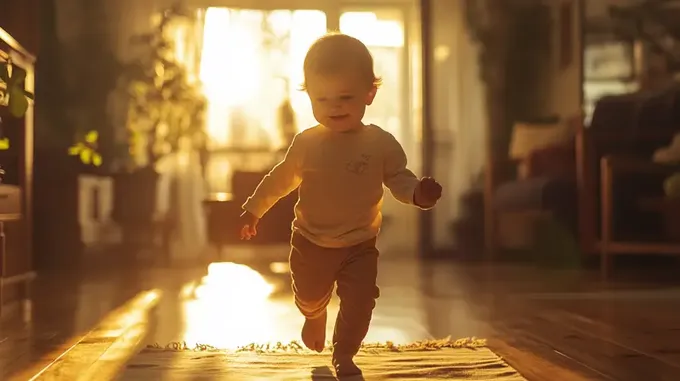 a baby running on a rug in a living room