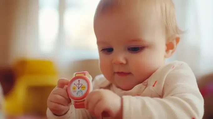 a baby is playing with a small watch