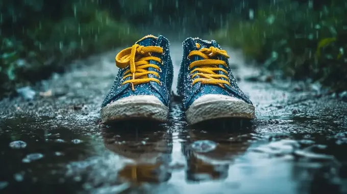 a pair of blue and yellow shoes in the rain