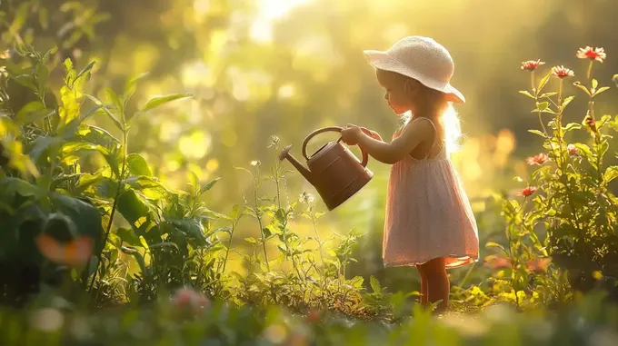 a little girl holding a watering can in a field