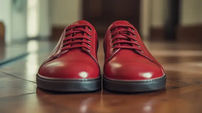 a pair of red shoes sitting on top of a wooden floor