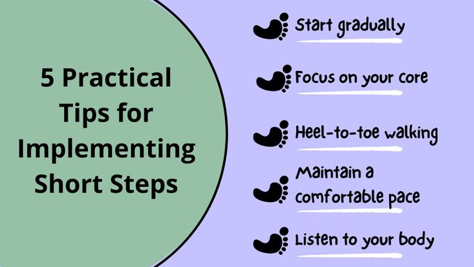 First Walkers infographic showing the five practical tips for implementing short steps