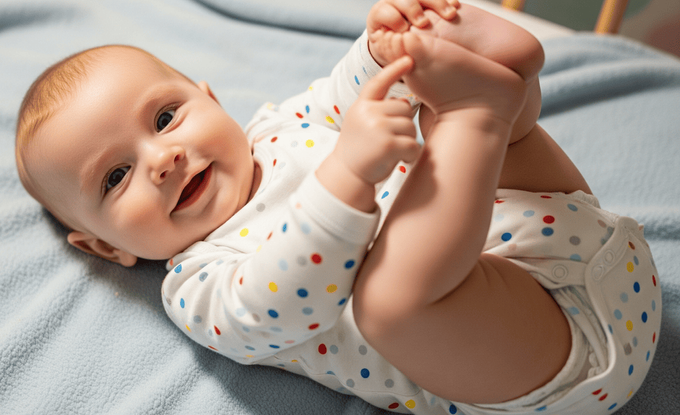 A toddler playing with their feet that shows healthy foot development.