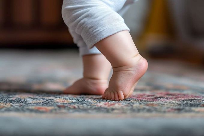 A toddler doing a toe walk exercise.