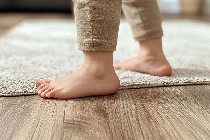 a person standing on a rug on the floor