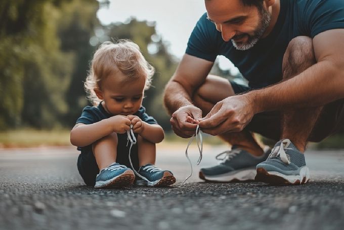 A toddler tying shoelaces with their dad.