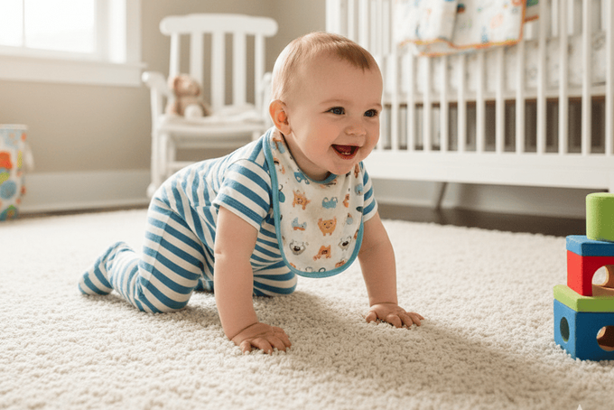 When Do Babies Start Wearing Shoes? What Experts Say A crawling baby not yet ready to wear shoes.