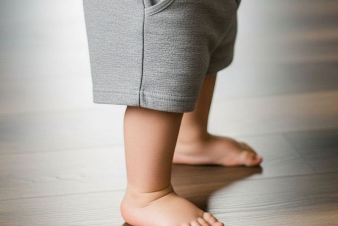 A toddler with flat feet standing on a wooden floor.
