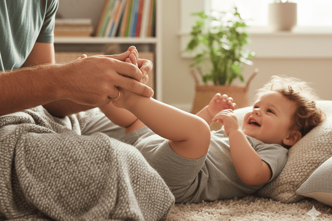 A father checking his child's ankles.