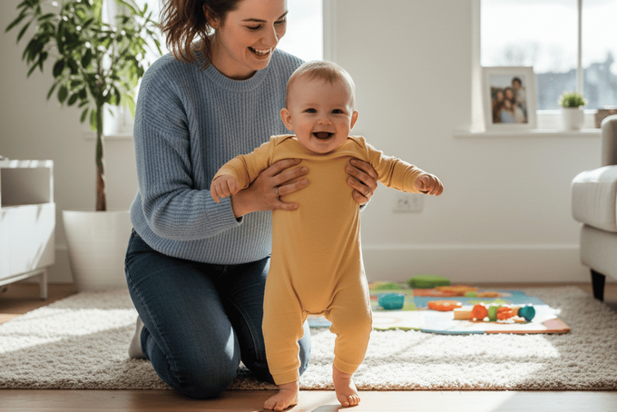 Common Reasons a Baby's Foot Turns Out and What Parents Should Know A mum helping her baby with signs of out-toeing to walk.